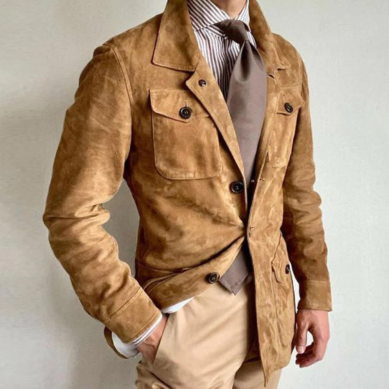 Mens Vintage Solid Suede Lapel Multi-Pocket Jacket 68521048Y