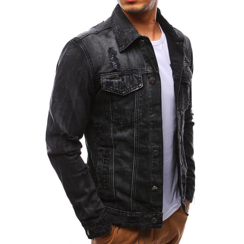 Mens Casual Lapel Ripped Denim Jacket 89911686Y