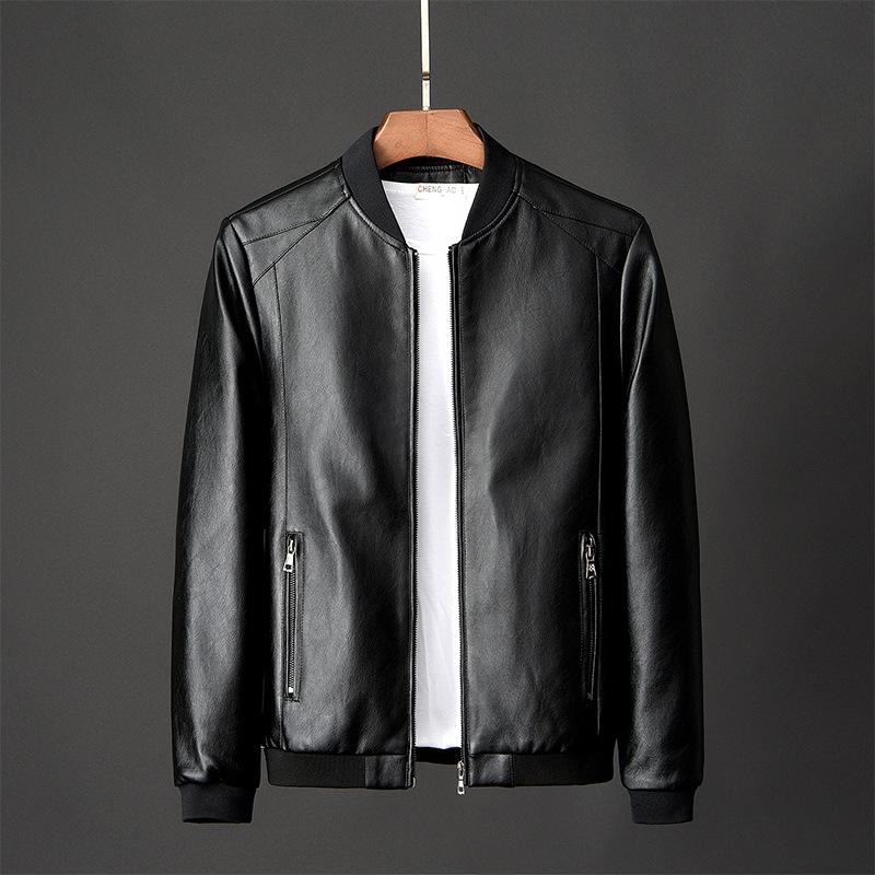 Mens Stand Collar Leather Motorcycle Jacket 15482125X