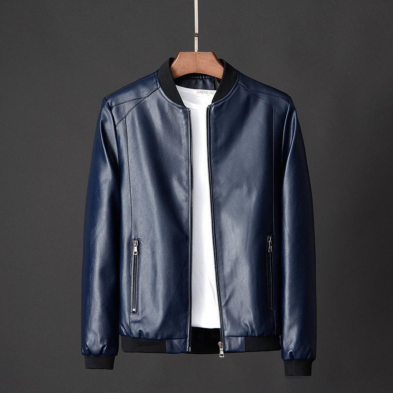 Mens Stand Collar Leather Motorcycle Jacket 15482125X