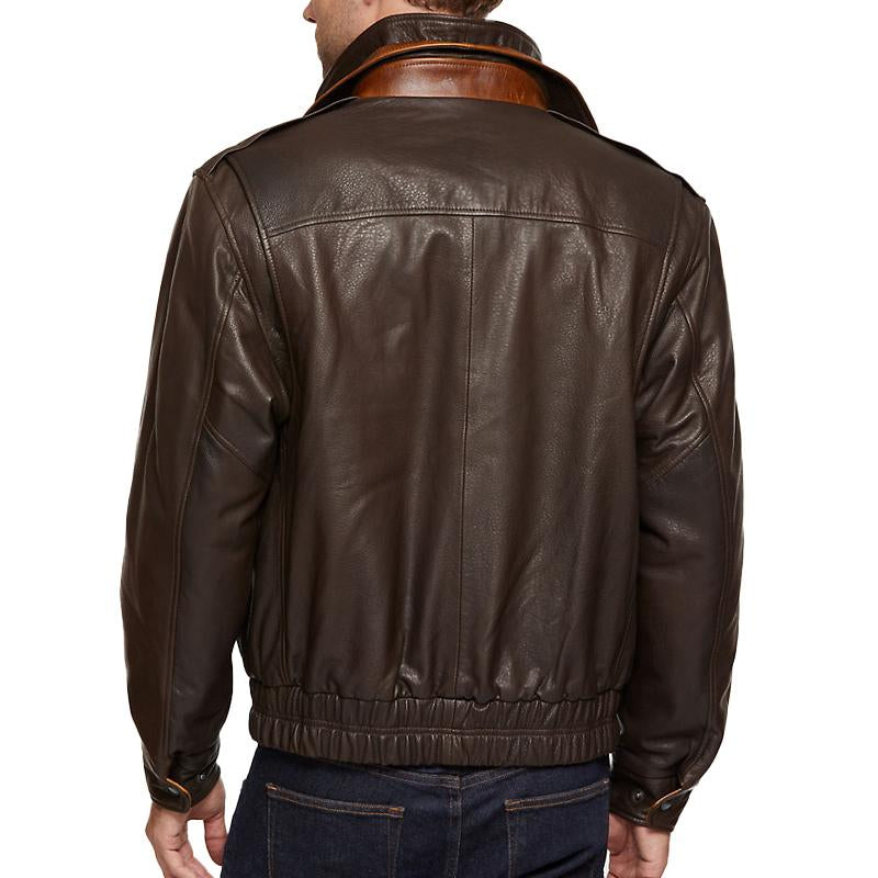 Mens Vintage Double Collar Leather Long Sleeve Zip Fly Bomber Jacket 26675178M