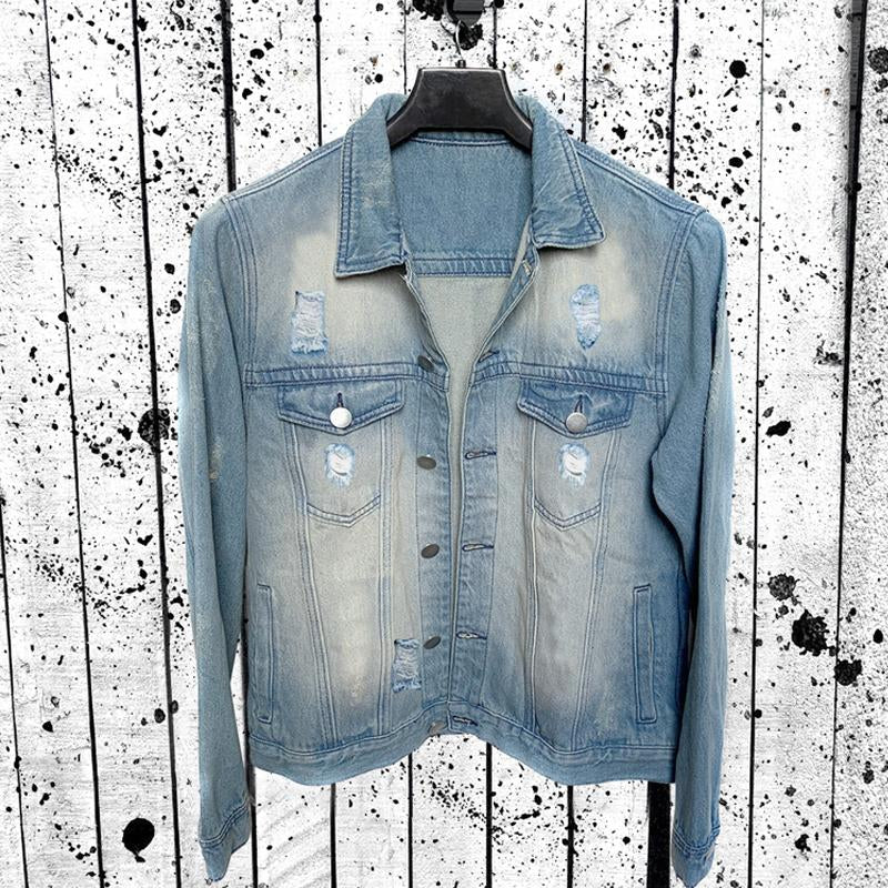 Mens Ripped Washed Denim Lapel Jacket 46511312X