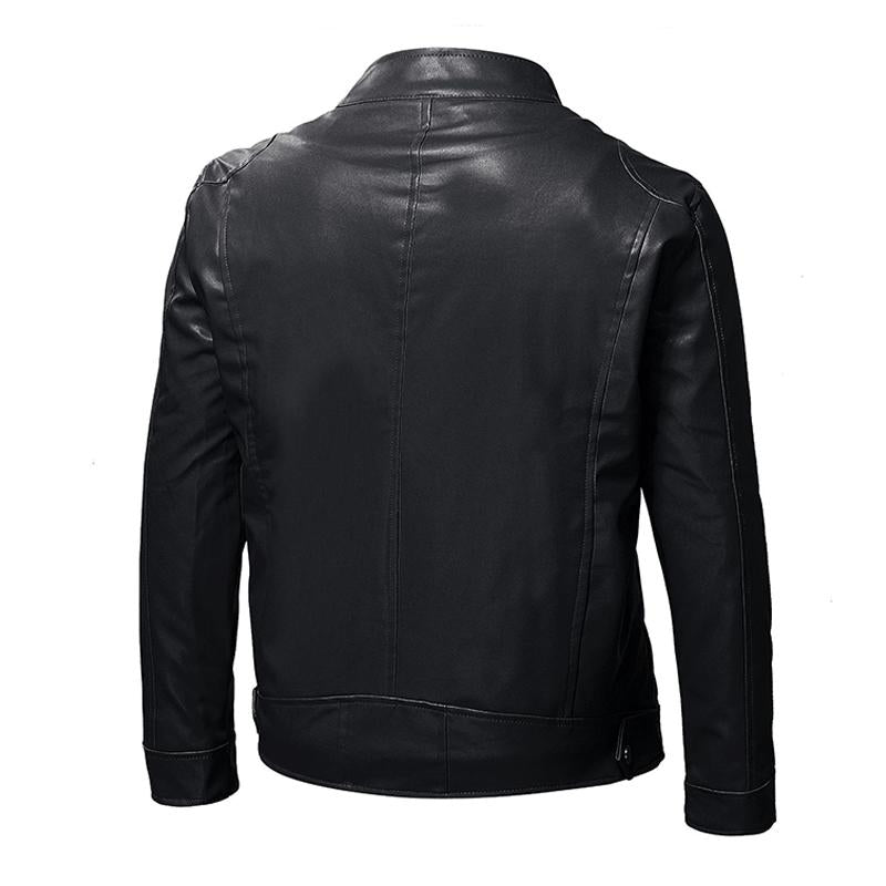 Mens Casual Solid Color Stand Collar Fleece Warm Zipper Leather Jacket 01647163M