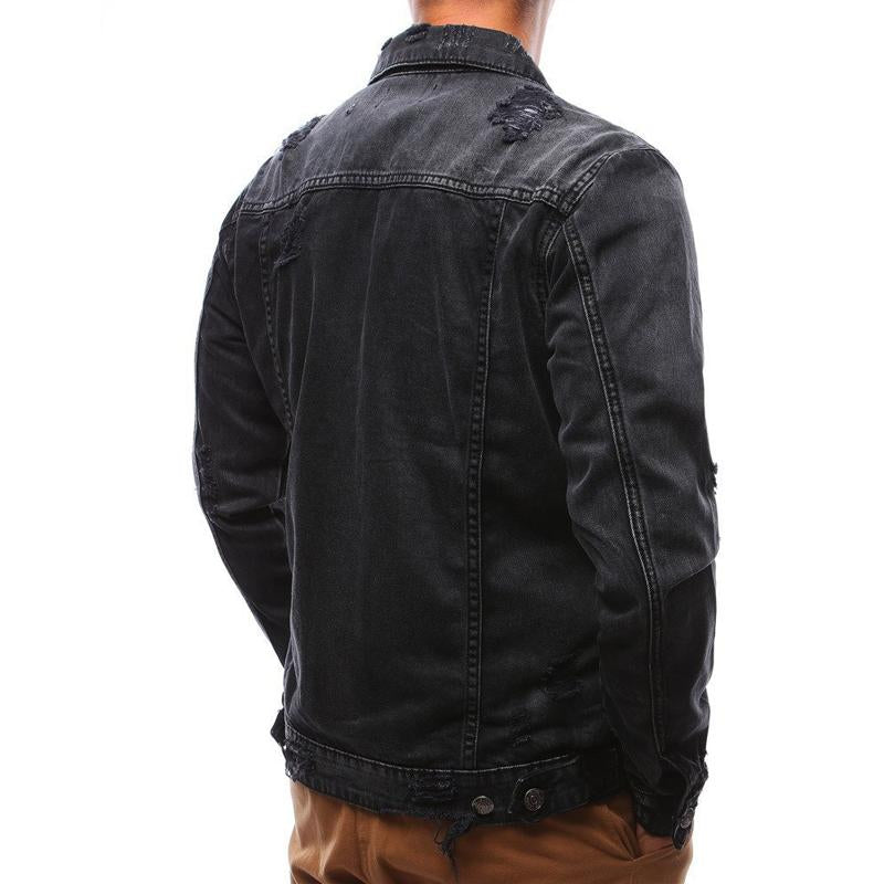 Mens Casual Lapel Ripped Denim Jacket 89911686Y