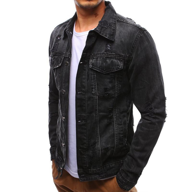 Mens Casual Lapel Ripped Denim Jacket 89911686Y