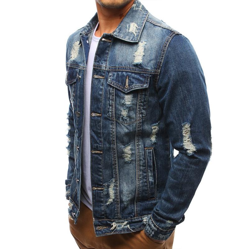 Mens Casual Lapel Ripped Denim Jacket 89911686Y