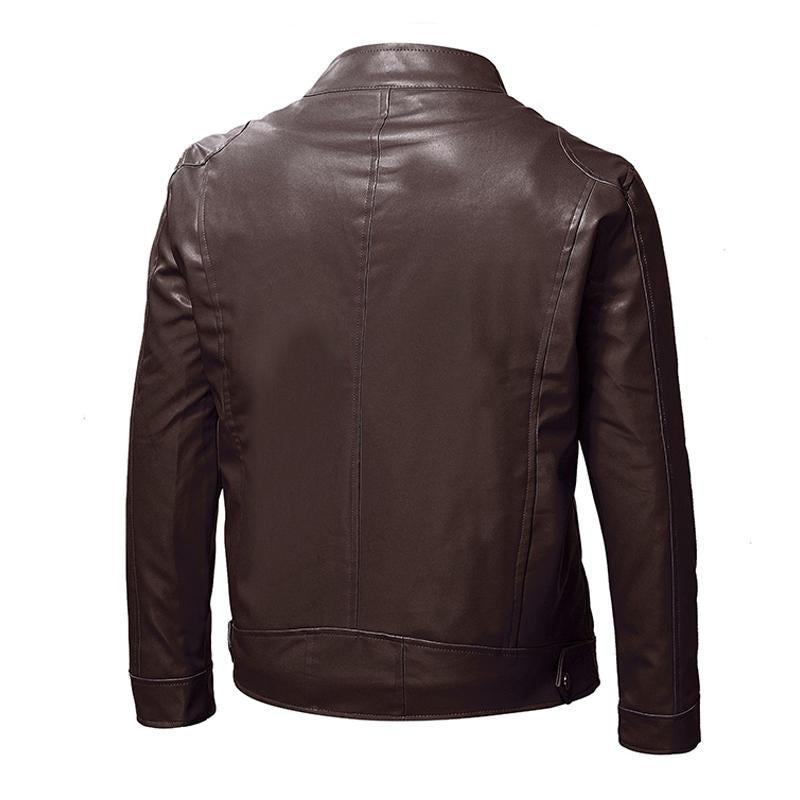 Mens Casual Solid Color Stand Collar Fleece Warm Zipper Leather Jacket 01647163M