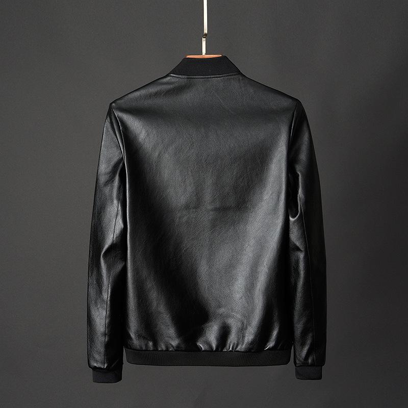 Mens Stand Collar Leather Motorcycle Jacket 15482125X