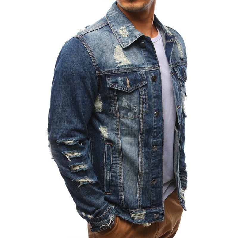 Mens Casual Lapel Ripped Denim Jacket 89911686Y