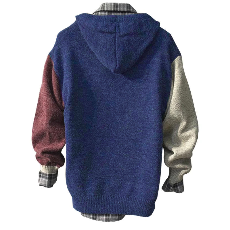 Mens Casual Colorblock Loose Hooded Long-Sleeved Pullover Knitted Sweater 93712715M