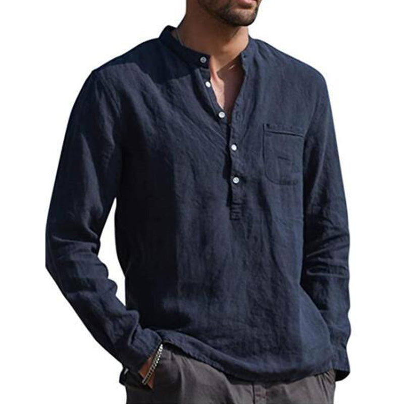 Mens Casual Cotton Linen Solid Color Henley Collar Long Sleeve Shirt 40885989M