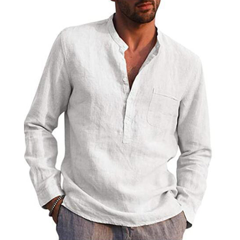 Mens Casual Cotton Linen Solid Color Henley Collar Long Sleeve Shirt 40885989M