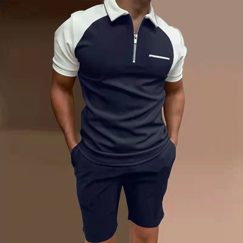 Mens Color Matching Lapel Stitching Solid Color Short Sleeve Shorts Set 13334453X