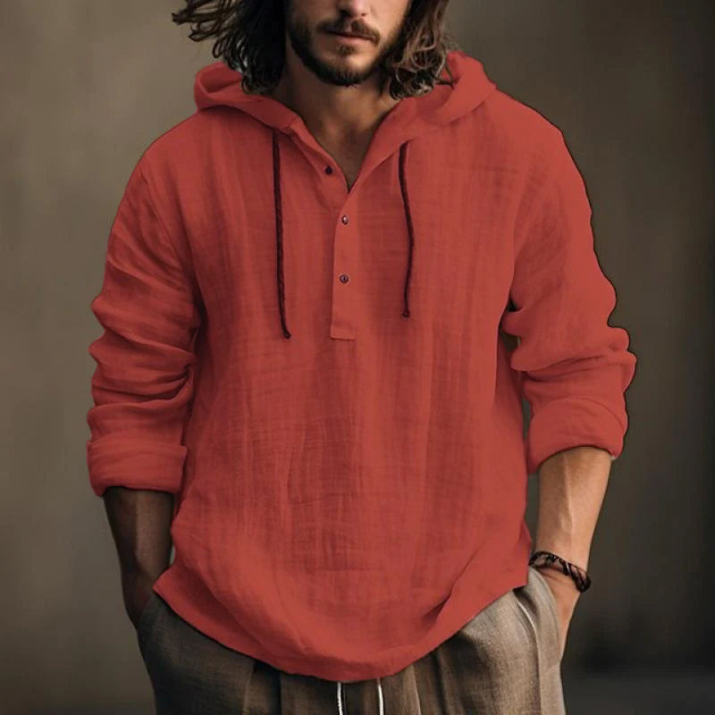 Mens Casual Solid Color Cotton Linen Hooded Long Sleeve Pullover Shirt 13517489M