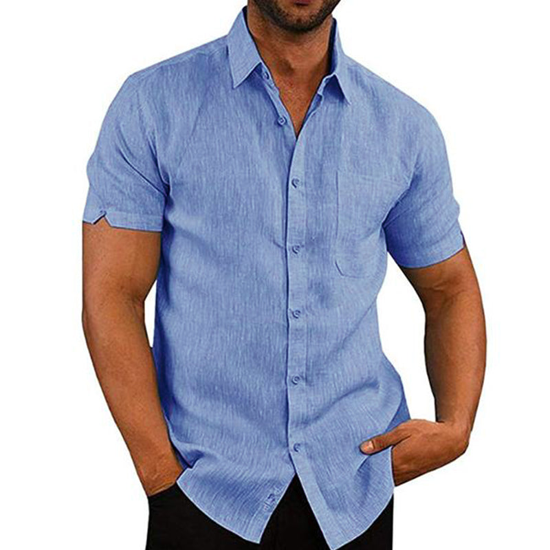 Mens Lapel Solid Color Short Sleeve Button Linen Shirt 76966962M