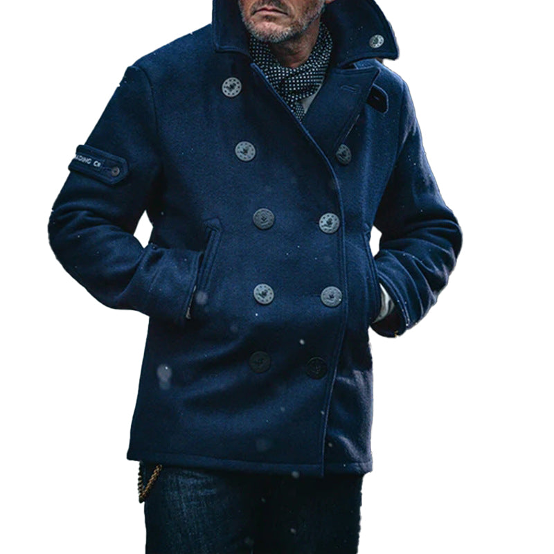 Mens Casual Double Breasted Solid Color Woolen Coat 56671886X