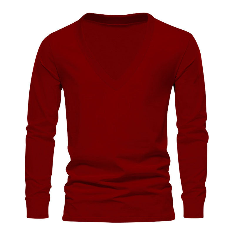 Mens Casual Solid Color Deep V-Neck Long-Sleeved T-Shirt 72728362M