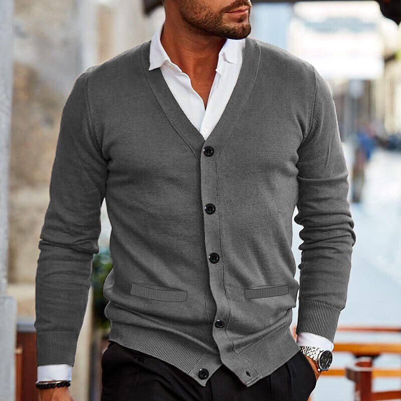 Mens Casual Solid Color V-Neck Long-Sleeved Slim-Fit Knitted Cardigan 52816345M