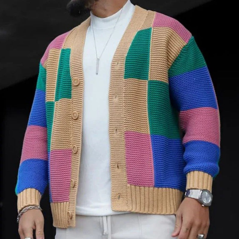 Mens Fashion Colorblock Single Breasted Long Sleeve Knit Cardigan 81050023M-1