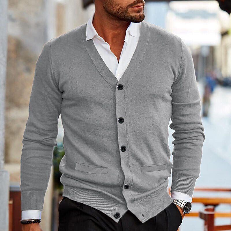 Mens Casual Solid Color V-Neck Long-Sleeved Slim-Fit Knitted Cardigan 52816345M