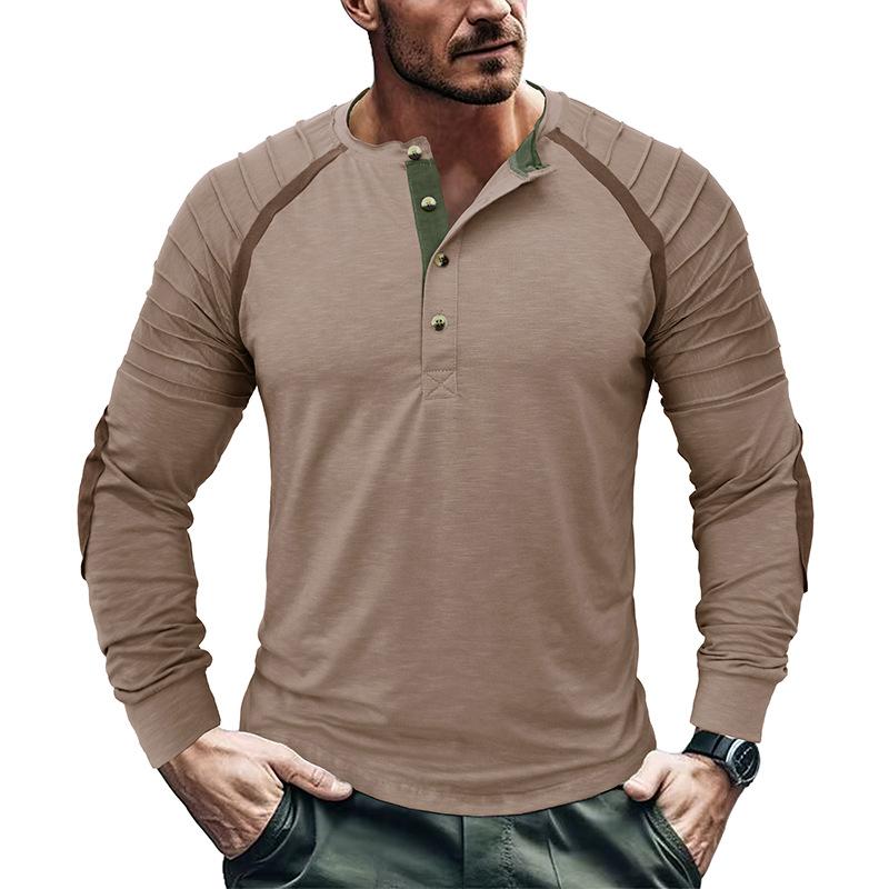 Mens Casual Outdoor Pleated Stitching Long Sleeve Henley T-Shirt 70318322M