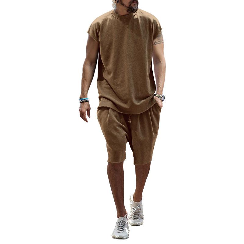 Mens Casual Round Neck Short Sleeve T-Shirt Loose Shorts Set 89142205M