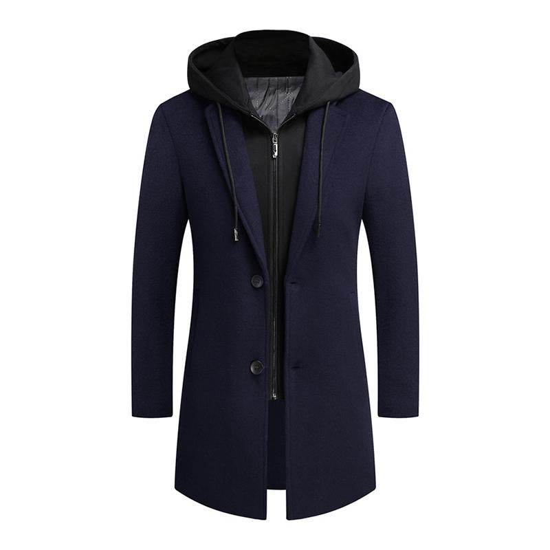 Mens Vintage Wool Blended Mid-Length Removable Hood Single-Breasted Coat 43596933M