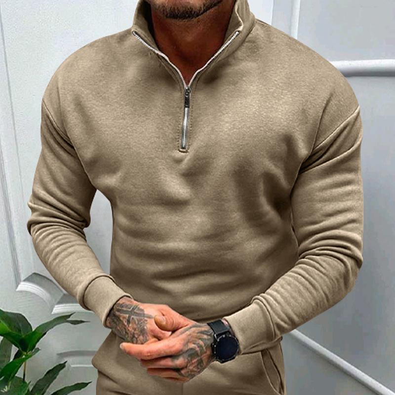 Mens Casual Plus Fleece Solid Color Long-sleeved Half-zipper POLO Sweater 69573408X