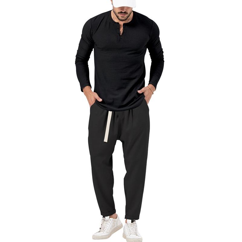 Mens Solid Color Casual Long Sleeve Henley T-Shirt Trouser Set 72706978X