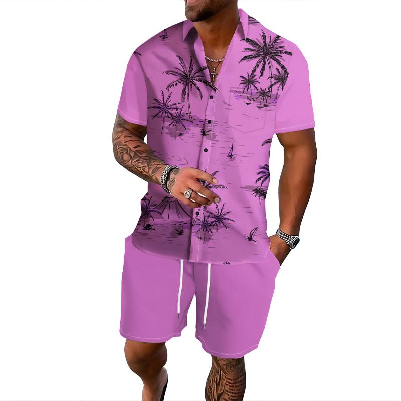 Mens Coconut Print Lapel Button Shirt Short Sleeve Board Shorts Set 98328277X