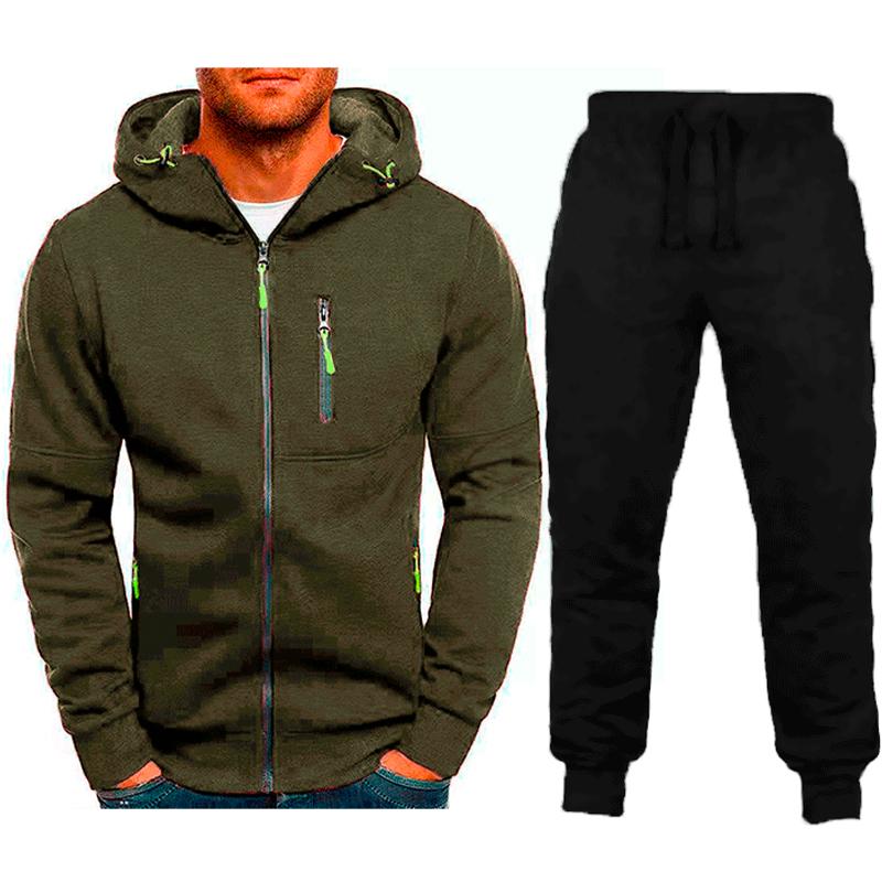 Mens Sports Zip-up Sweatshirt Hooded Trousers Solid Color Two-piece Set 66585624X