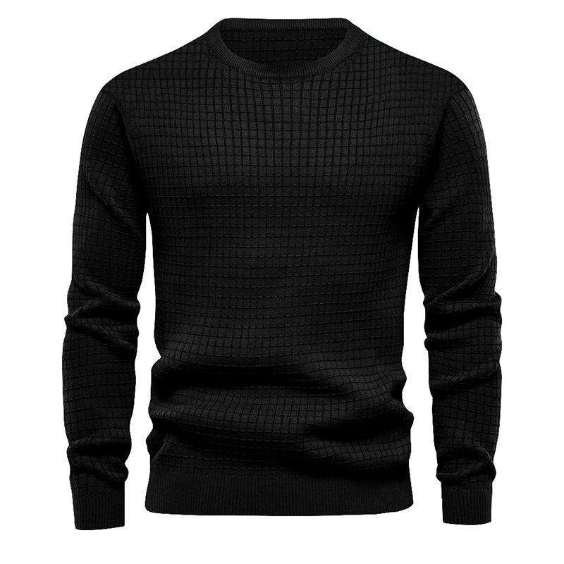 Mens Solid Thin Knit Small Squares Loose Round Neck Long Sleeves Casual T-shirt 71236822Z