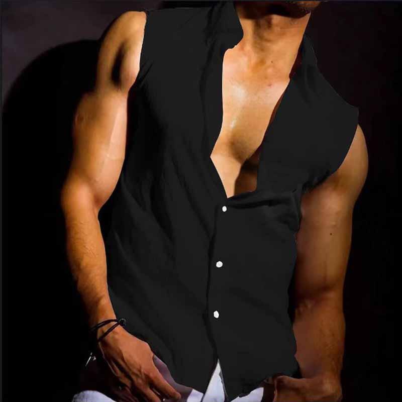 Mens Sleeveless Lapel Loose Solid Color Tank Top 43713277X