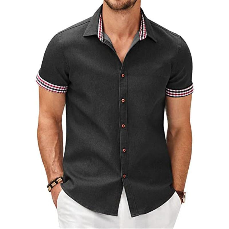 Mens Casual Check Print Stitching Lapel Short Sleeve Shirt 43927495Y