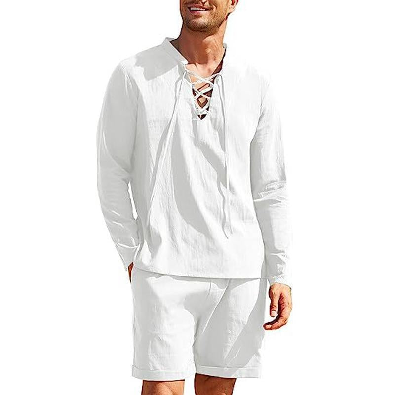 Mens Beach Solid Color Long Sleeve Cotton Linen Stand Collar Shirt Shorts Set 60040984X