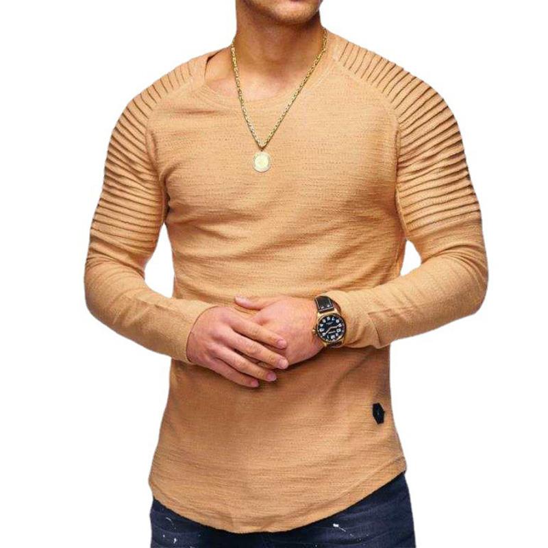 Mens Casual Solid Color Pleated Stitching Round Neck Long Sleeve T-Shirt 46273311M