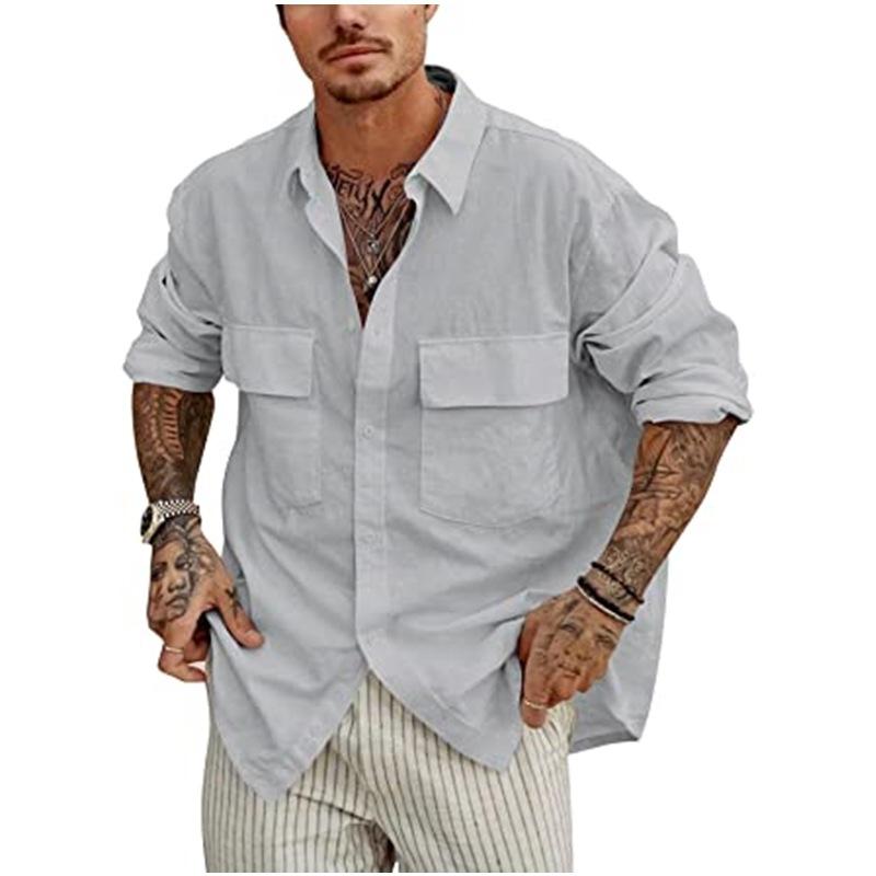 Mens Solid Color Cotton Linen Front Pocket Button Lapel Shirt 60359022X