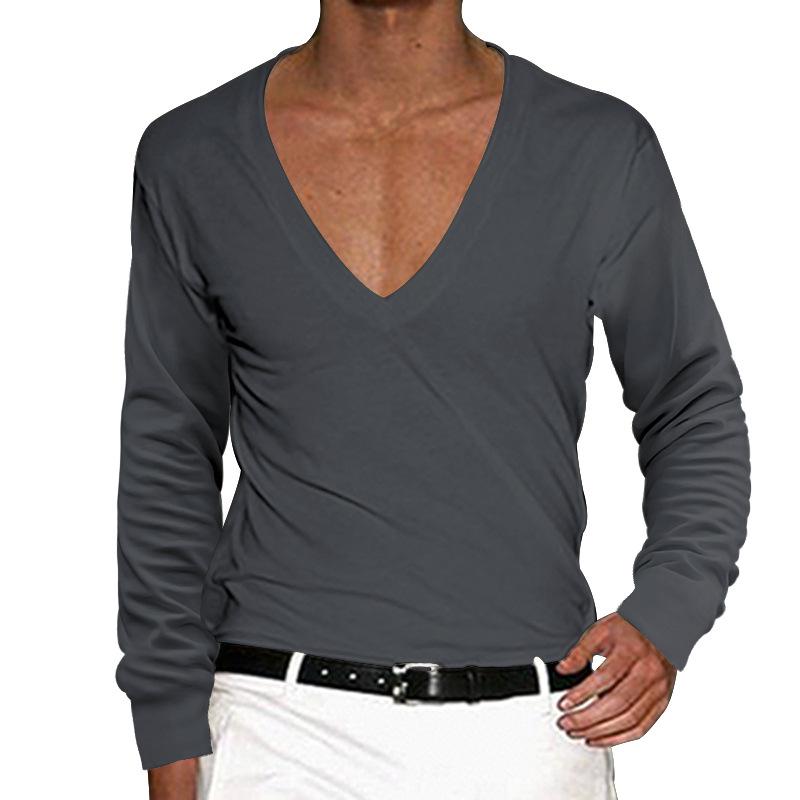 Mens Casual V Neck Solid Color Slim Long Sleeve T-Shirt 11701217M