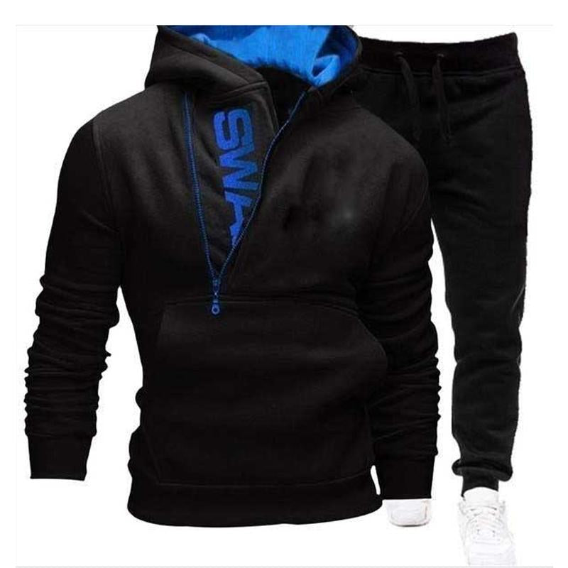 Mens Pullover Side Zipper Contrast Color Hooded Sweatshirt Trousers Set 75688829X