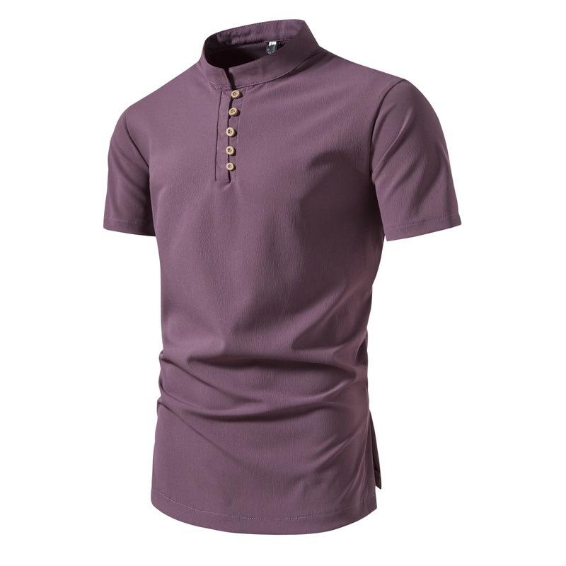 Mens Casual Shirt Retro Stand Collar Short Sleeve Shirt 25574754X