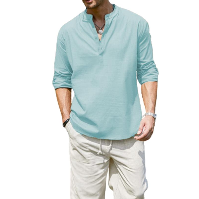 Mens Loose Solid Henley Collar Long Sleeve Shirt 92207305Z