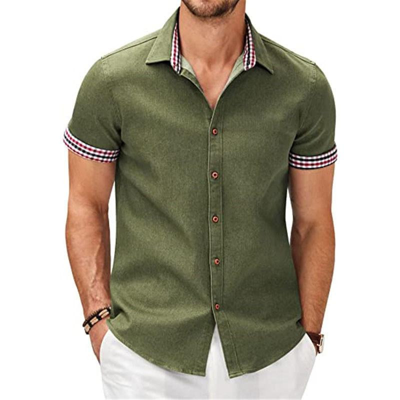 Mens Casual Check Print Stitching Lapel Short Sleeve Shirt 43927495Y