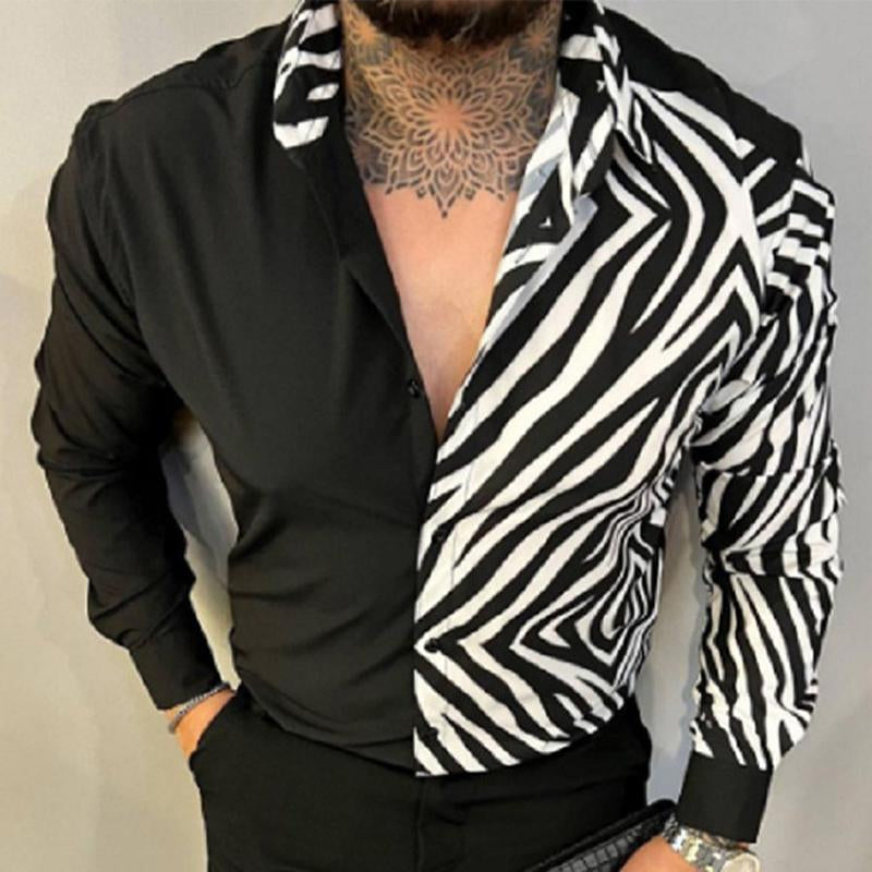 Mens Color Block Lapel Long Sleeve Leopard Print Shirt 29460245X