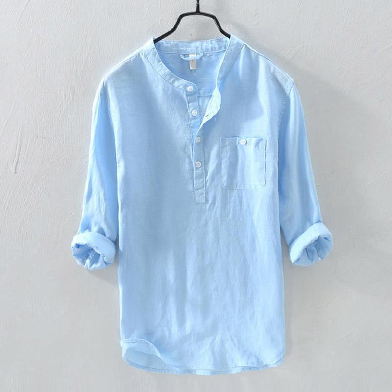 Mens Solid Color Cotton Linen Long Sleeve Button Stand Collar Shirt 90957196X