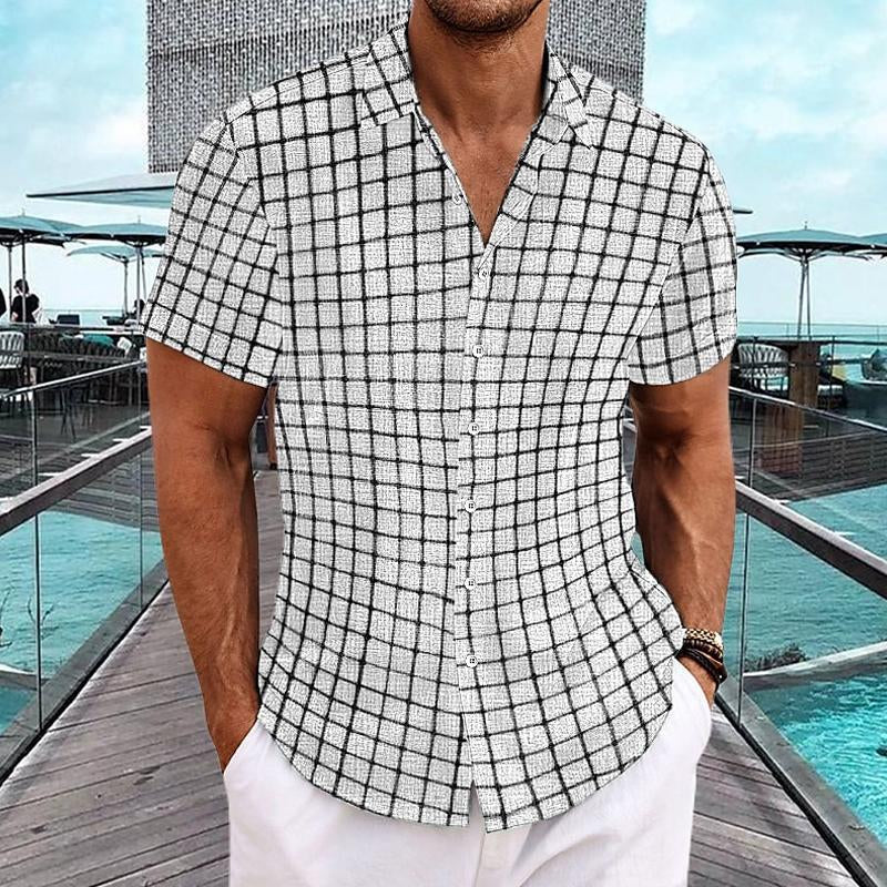 Mens Casual Check Print Lapel Short Sleeve Shirt 17873352Y