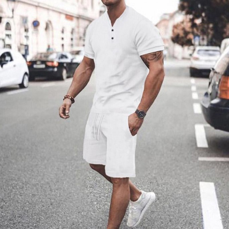 Mens Casual Solid Color V Neck Short Sleeve T-Shirt Shorts Set 06700828Y