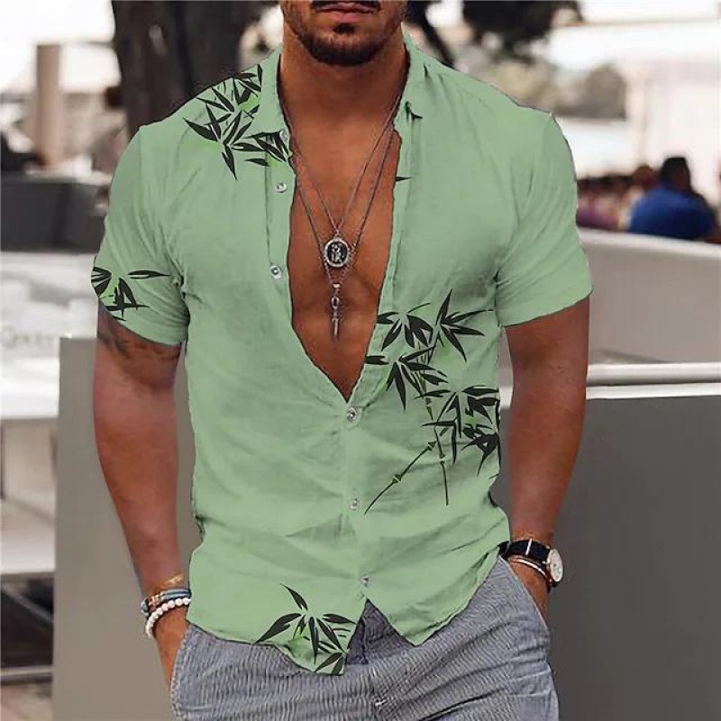 Mens Botanical Print Button Down Short Sleeve Lapel Shirt 47422859X