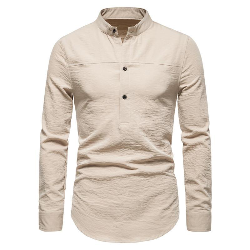 Mens Solid Color Long Sleeve Stand Collar Linen Shirt 70526053X