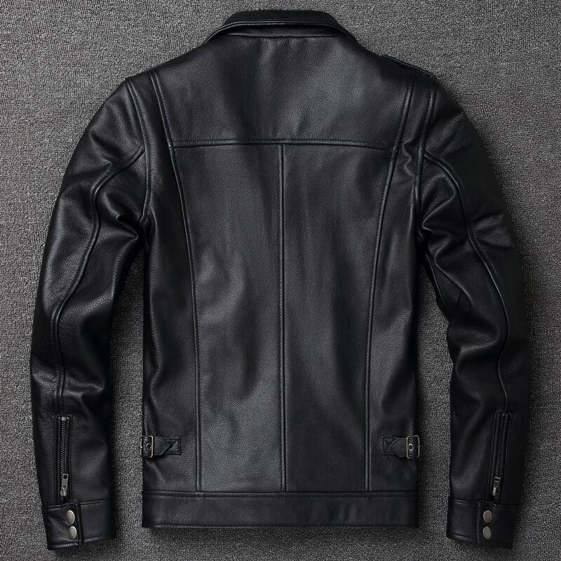 Mens Retro Motorcycle Multi-Pocket Lapel Leather Jacket 41655772Y