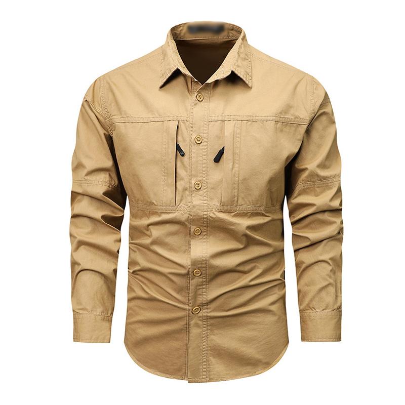 Mens Casual Outdoor Zipper Pocket Cotton Workwear Long-Sleeved Shirt 31226874M